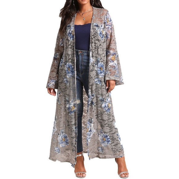 Plus Gray Blue Floral Lace Kimono Cardigan Tunic - Picture 2 of 5